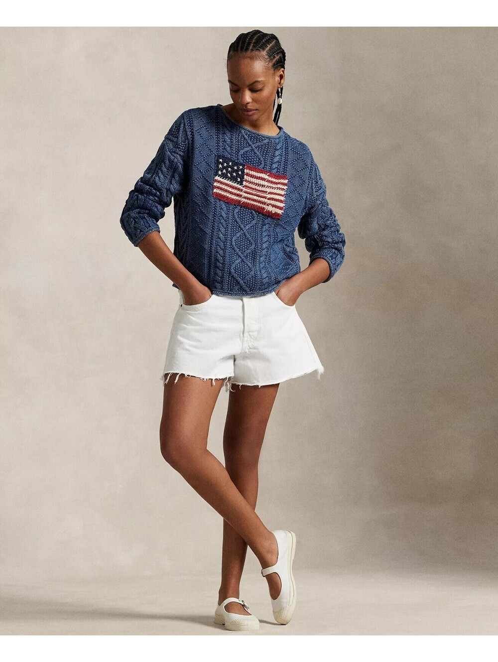 Polo Ralph Lauren USA Flag Sweater Aran-Knit Cotton Indigo multi Blue L - Picture 2 of 4